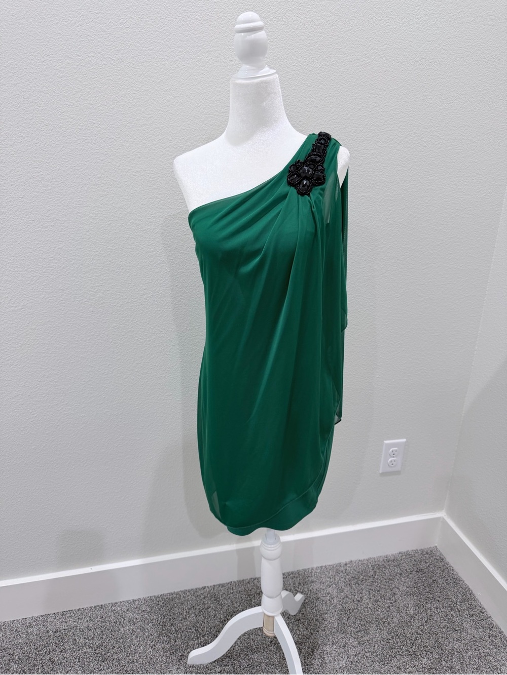 Sweet Storm Emerald One-Shoulder Dress with Black Floral Accent